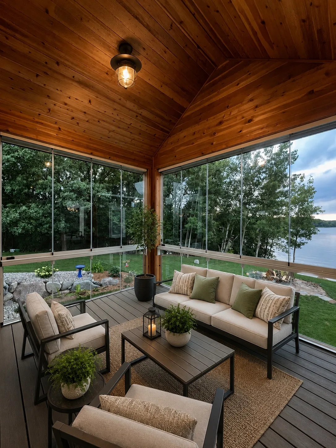 Lakeside porch under a wood ceiling with glass panels and lounge seating