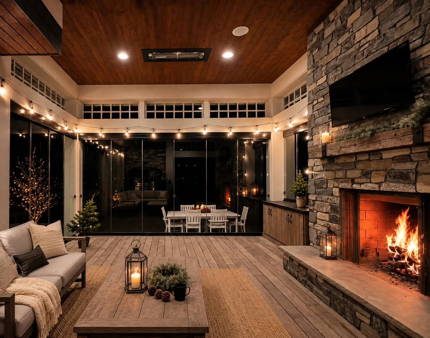 Glazed porch with a stone fireplace and string lights in the evening