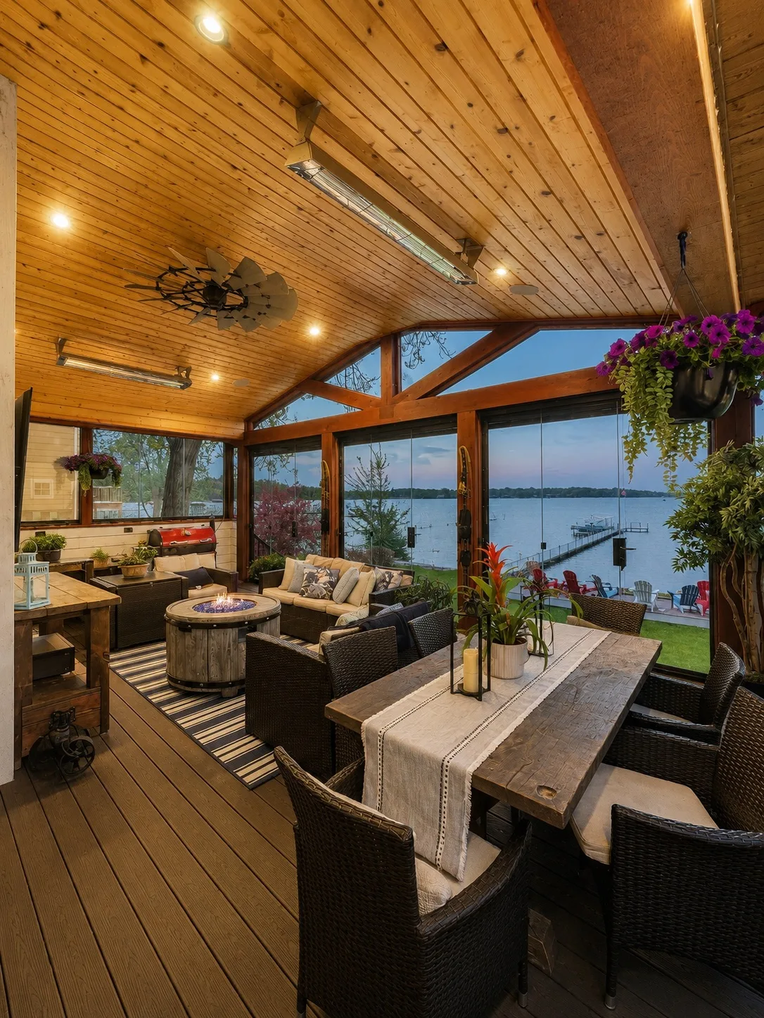 Cabin porch under a wood ceiling with plants, glass panels and warm light