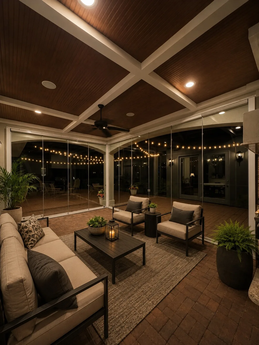 Porch with a dark coffered ceiling, string lights and glass walls
