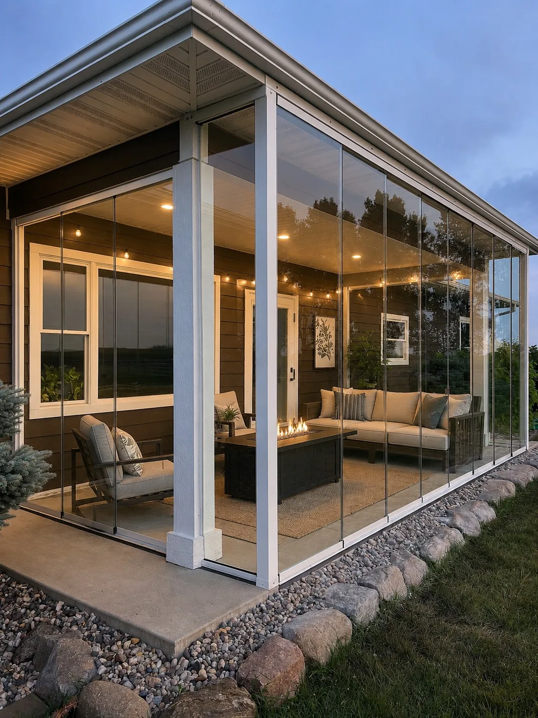 Patio enclosed in glass on a stone base, warmly lit at dusk