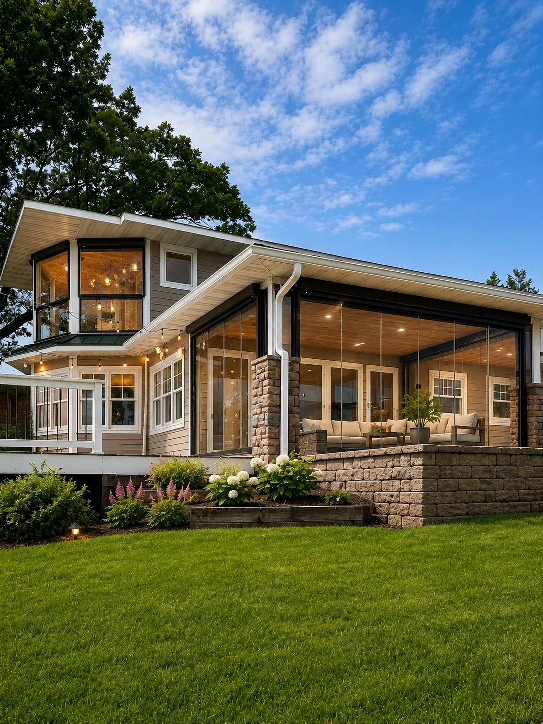 Craftsman home with a glass-enclosed porch and landscaped beds