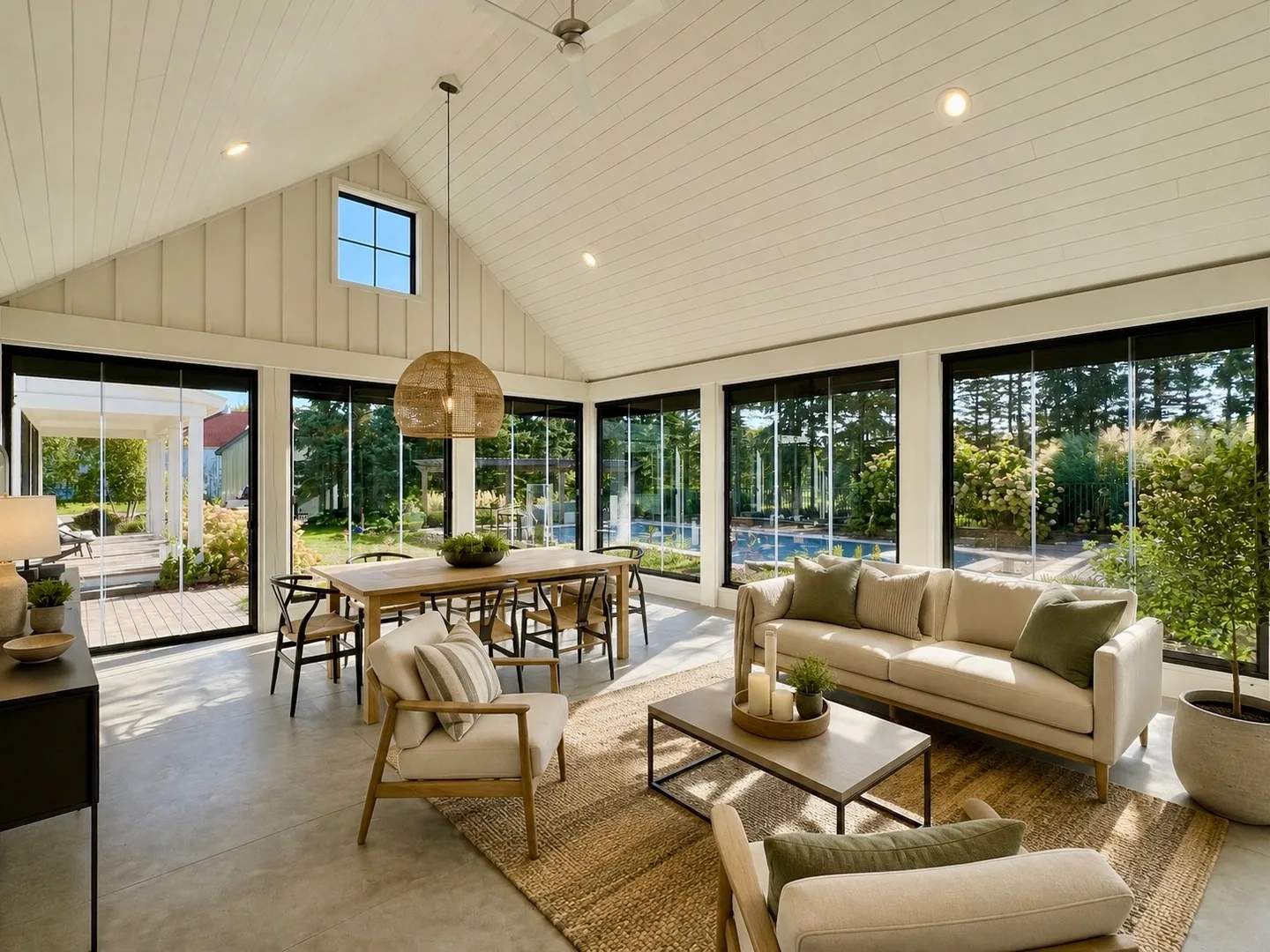 Bright white-vaulted sunroom with frameless glass on three sides