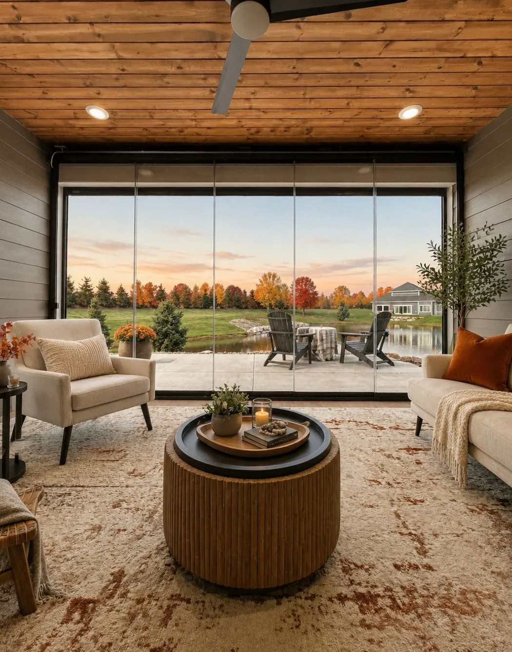 Fire table on a glazed porch with the sun setting over open water