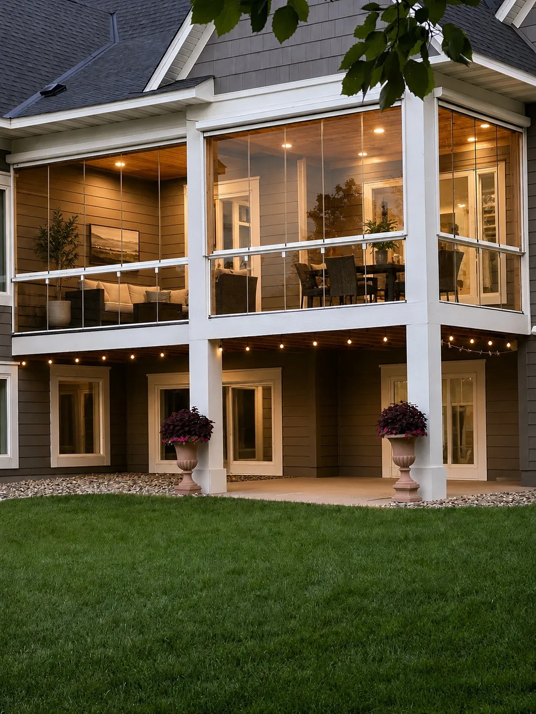 Glass porch enclosure lit from within on a summer evening
