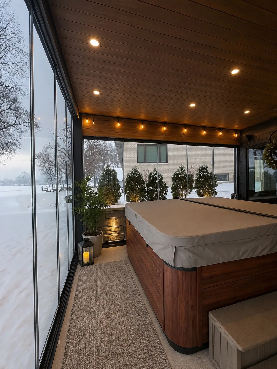 Hot tub on a covered porch behind retractable glass, snow outside