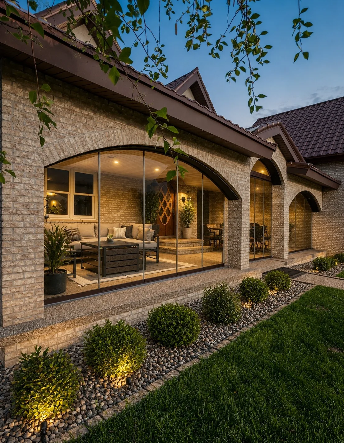 Brick home with an arched porch opening glazed and lit at dusk