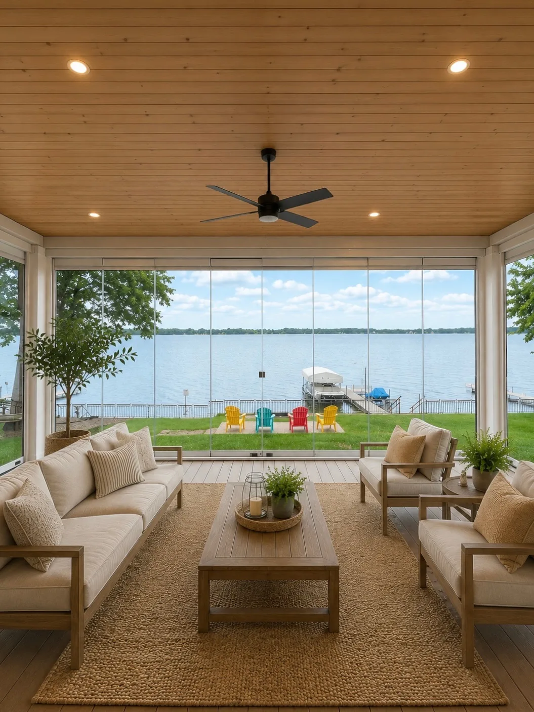 Lounge seating on a wood-ceilinged porch looking out over the lake