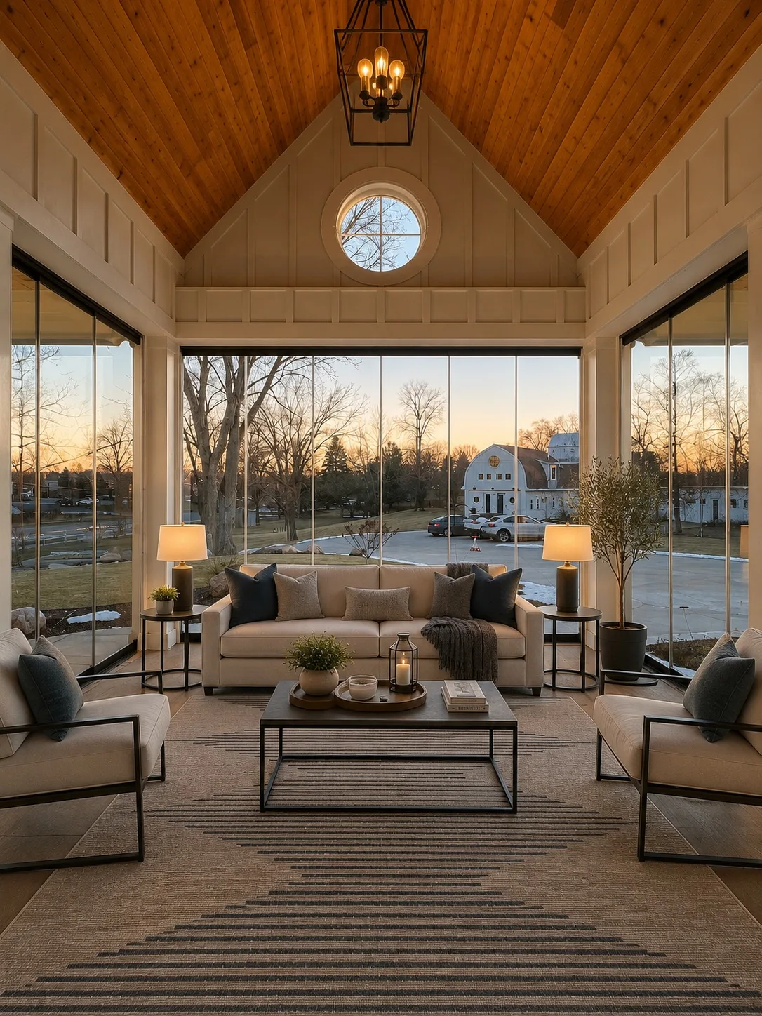 Vaulted porch interior with a round window and walls of glass