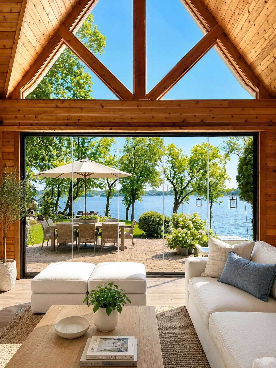 Timber-framed porch with a lake view through frameless glass panels