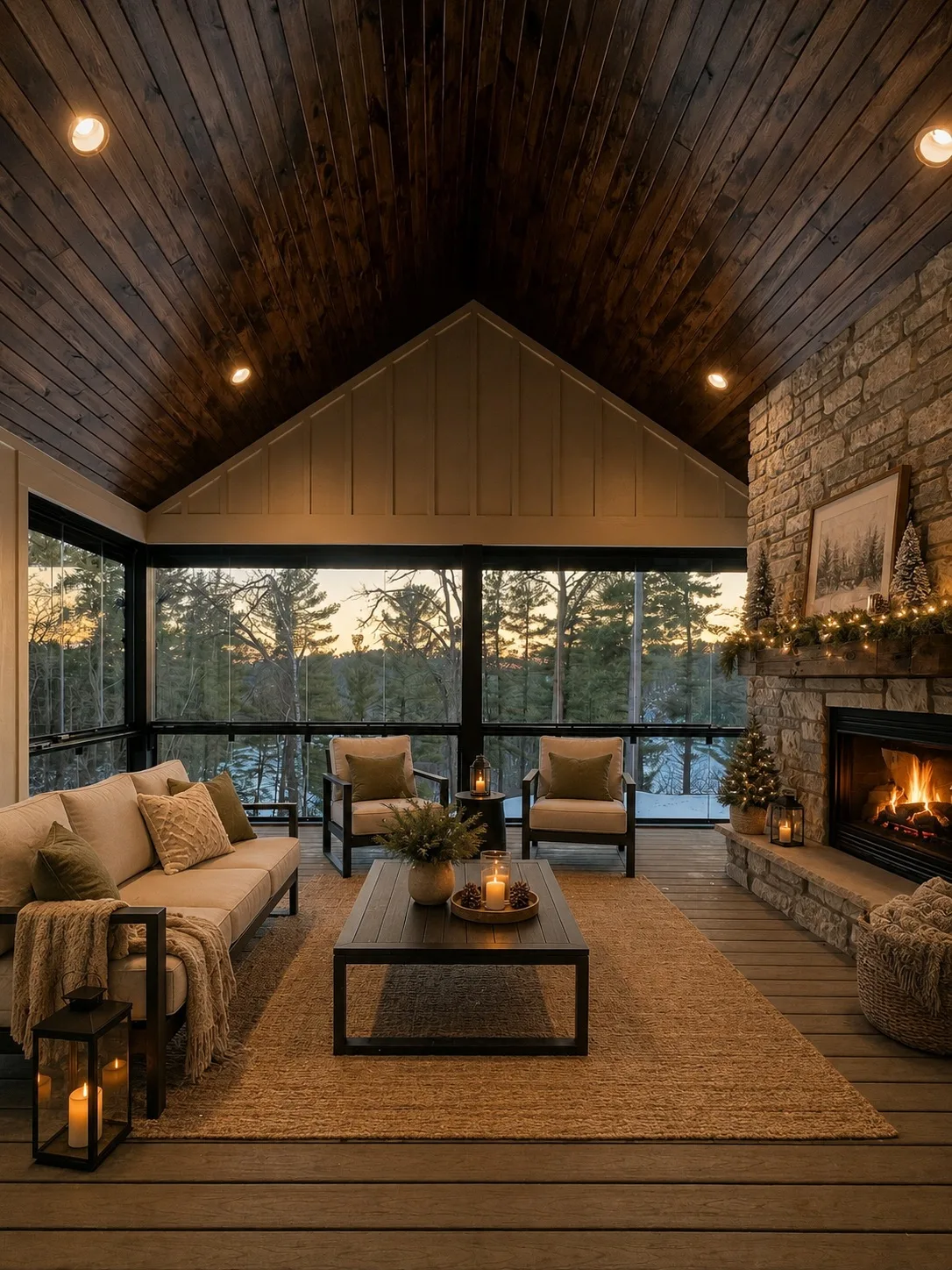 Covered deck enclosed in glass with a stone fireplace and lake view