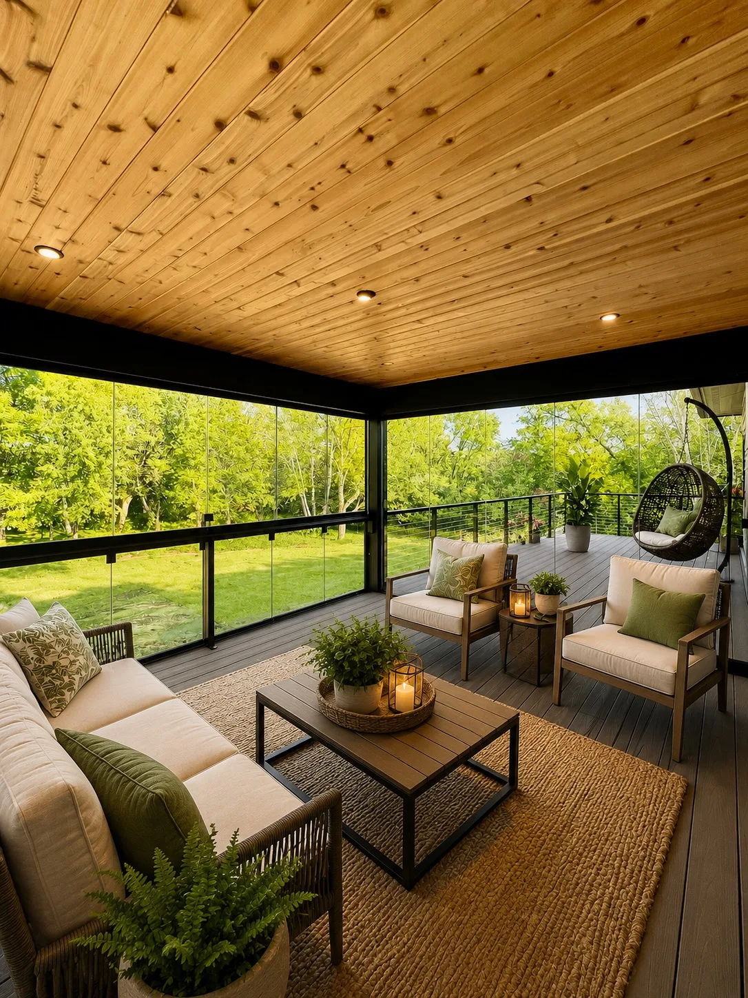 Wood-ceilinged porch enclosed in glass, hanging chair and green lawn beyond