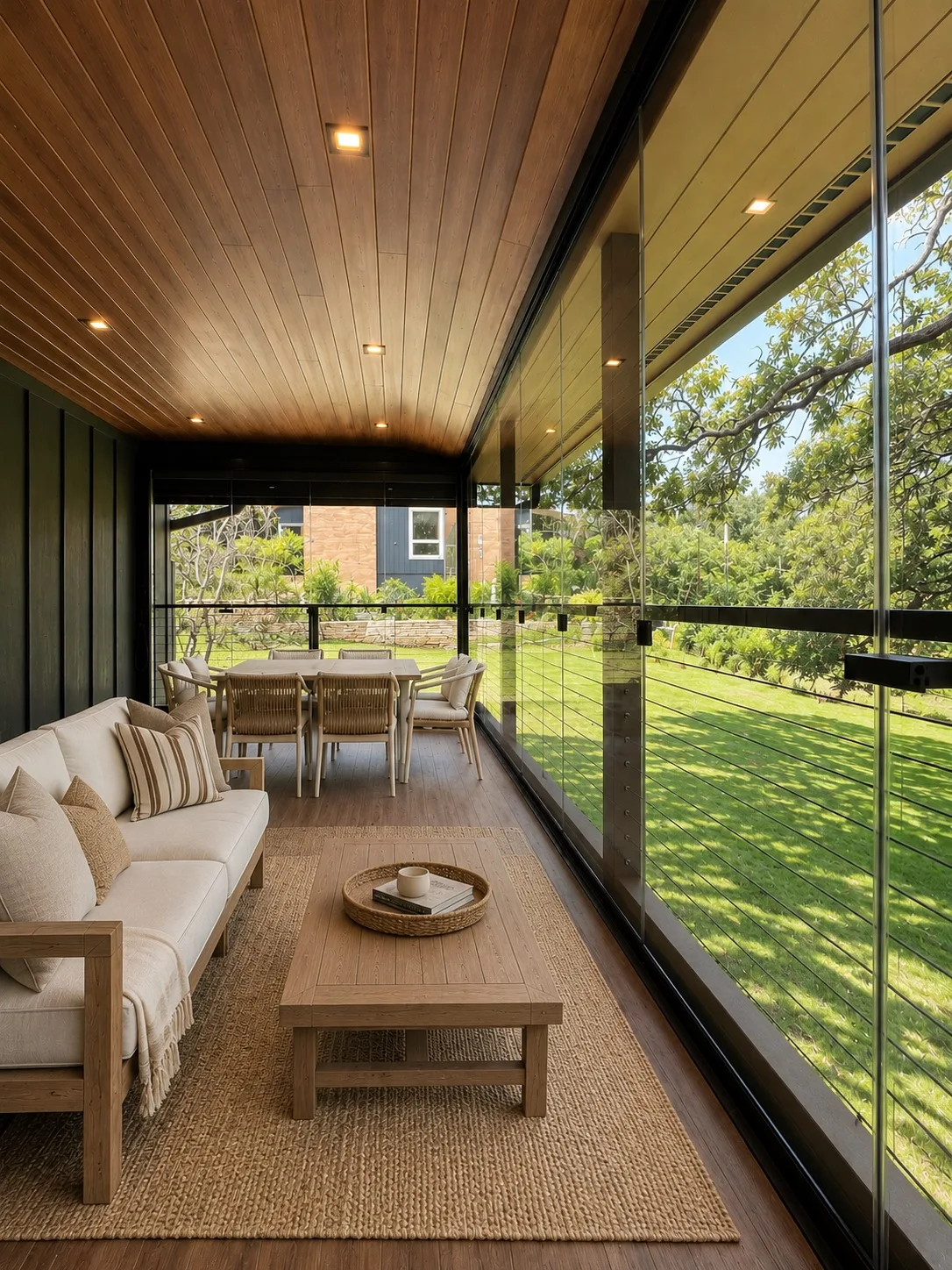 Narrow glazed porch looking out across a mown lawn