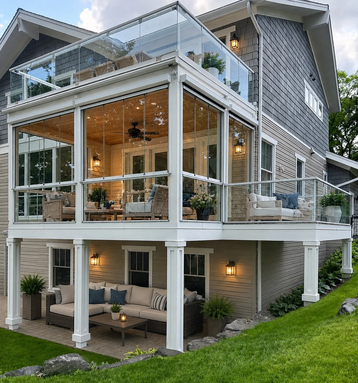 Two-story home with a glass-enclosed upper deck and lower porch, lit at dusk
