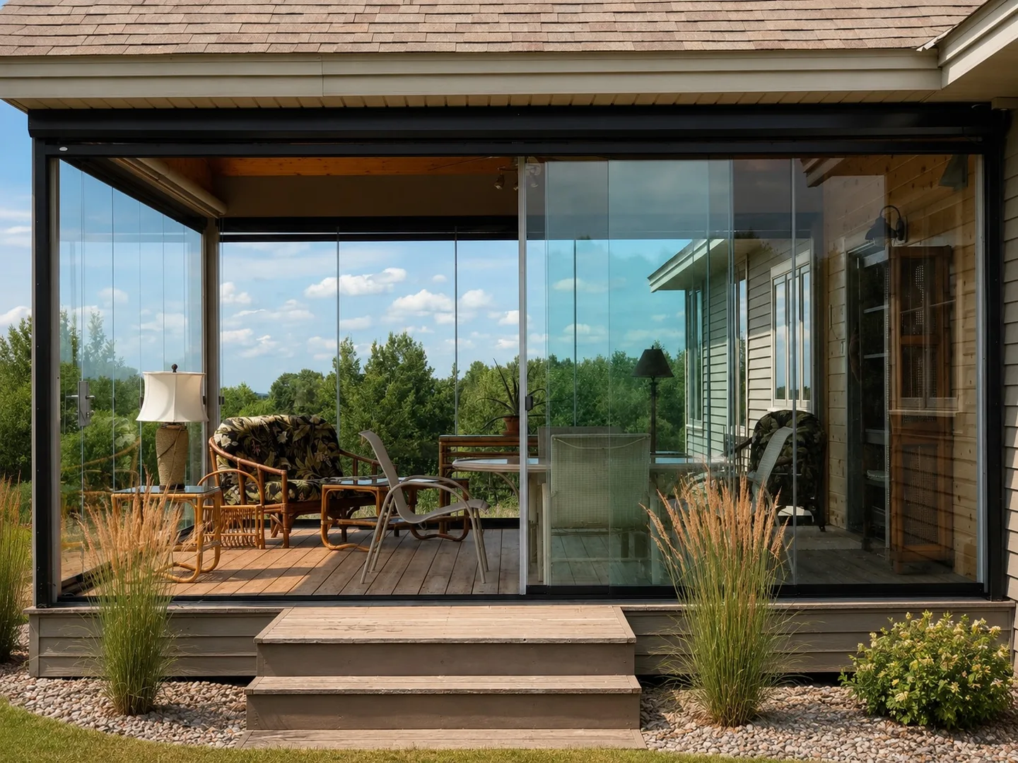 Glass-enclosed porch above spring grasses, panels closed against the weather