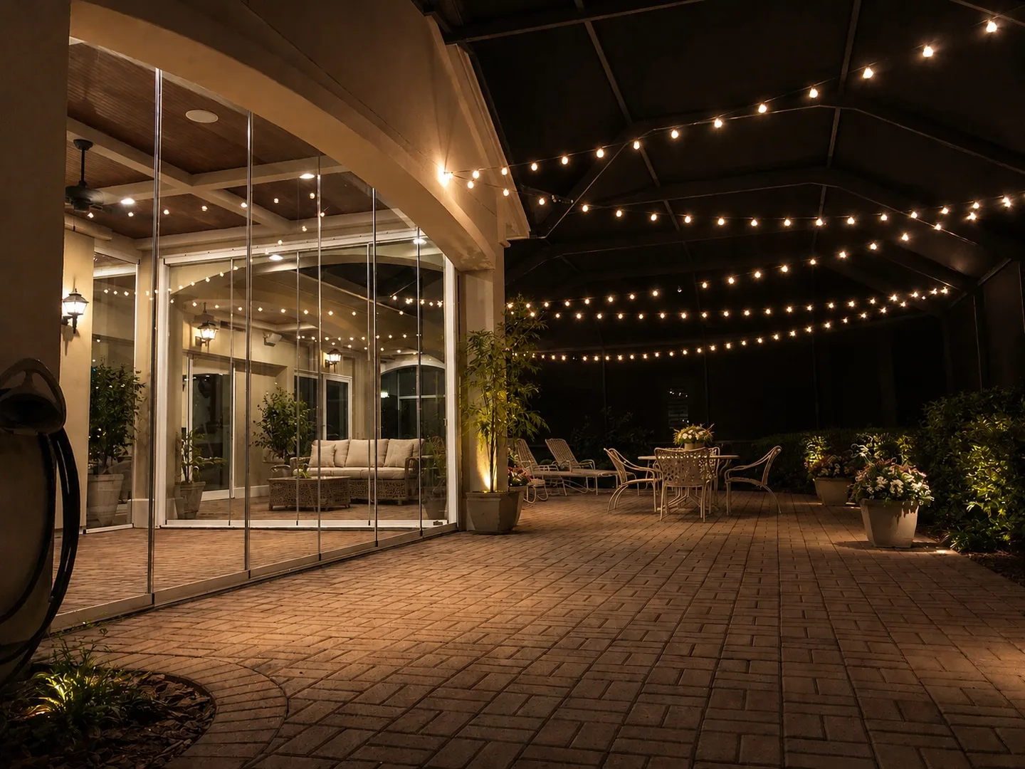 Paver patio enclosed in glass under string lights
