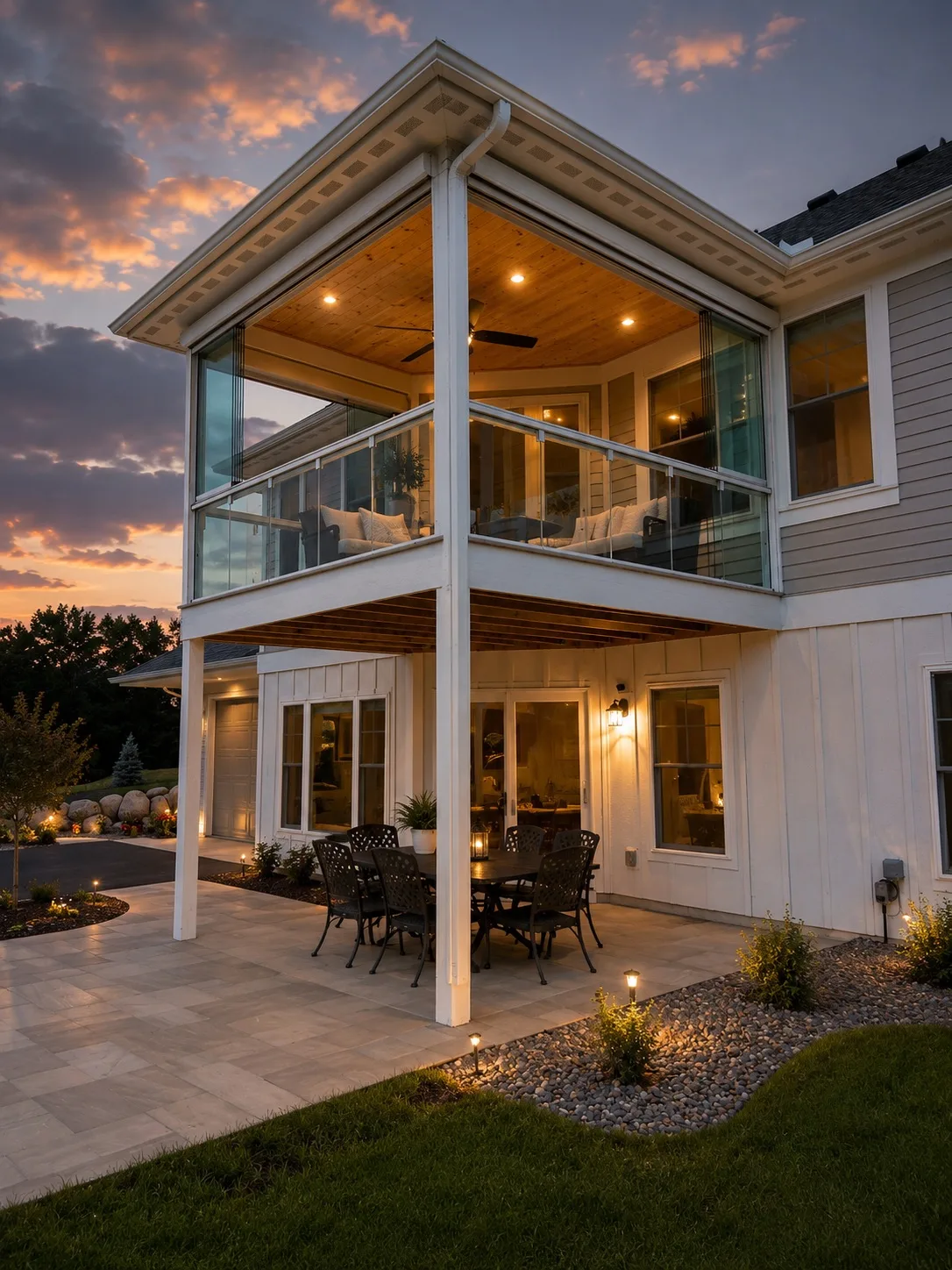 Two-story home with a glazed upper balcony and patio below at dusk