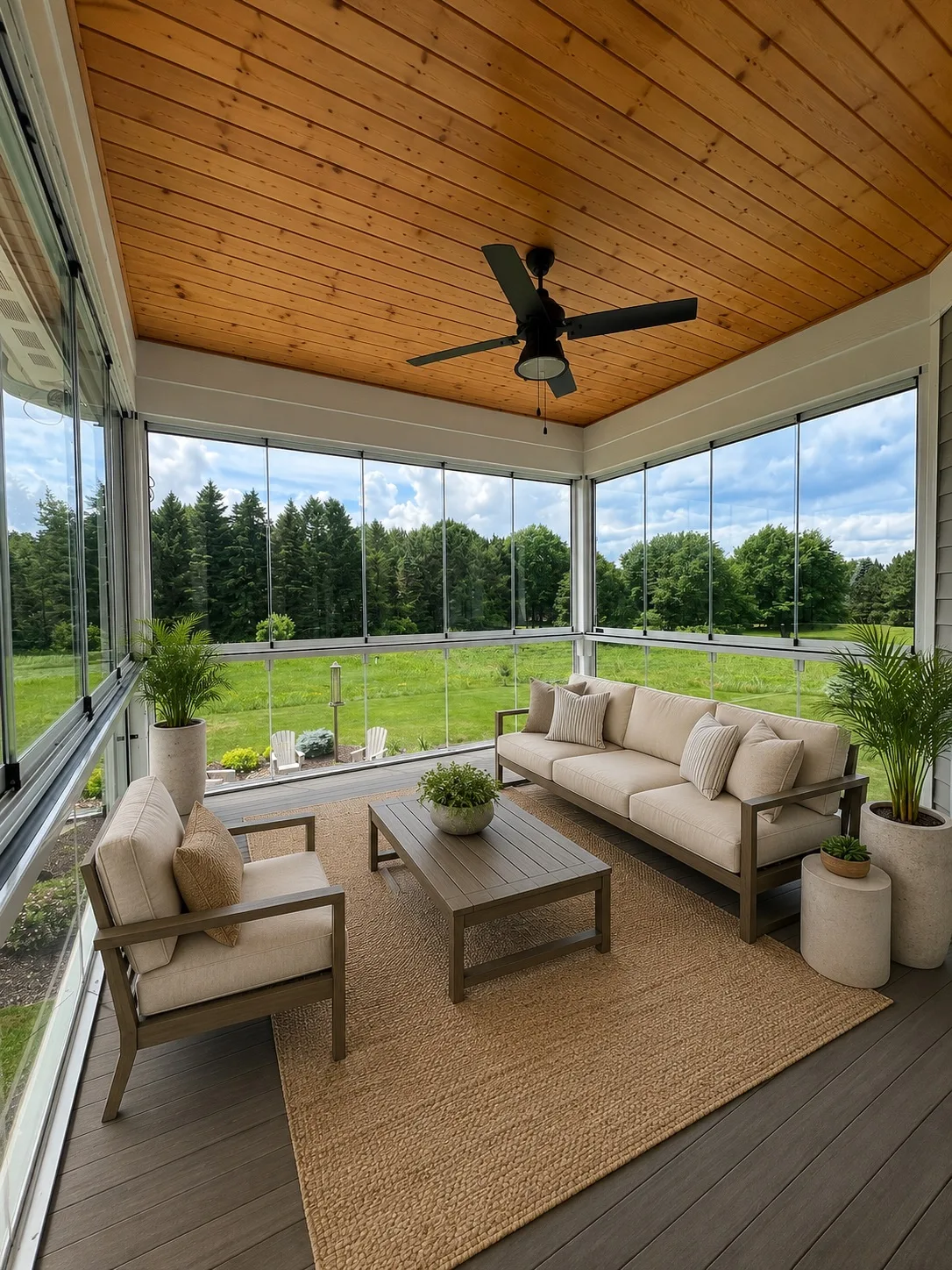 Glazed porch with white ceiling, lounge seating and a wide lawn view