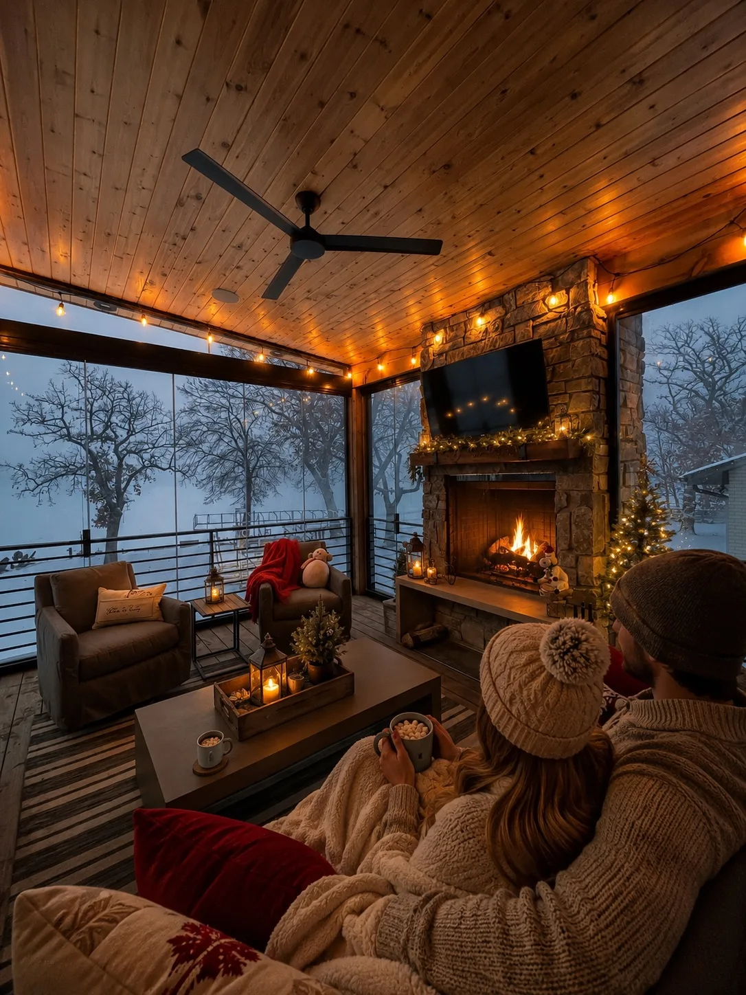 Family under blankets by the fireplace in a glazed porch, string lights and a winter lake beyond